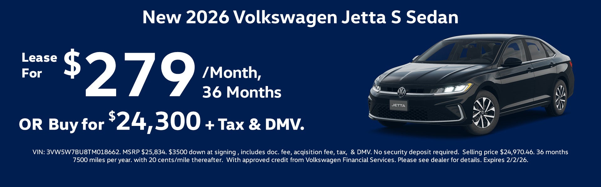 New 2026 VW Jetta S Sedan